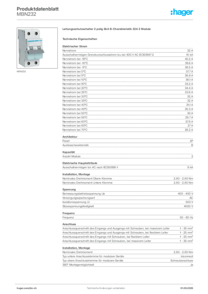 Bild Hager Produktdatenblatt MBN232 | Hager Schweiz