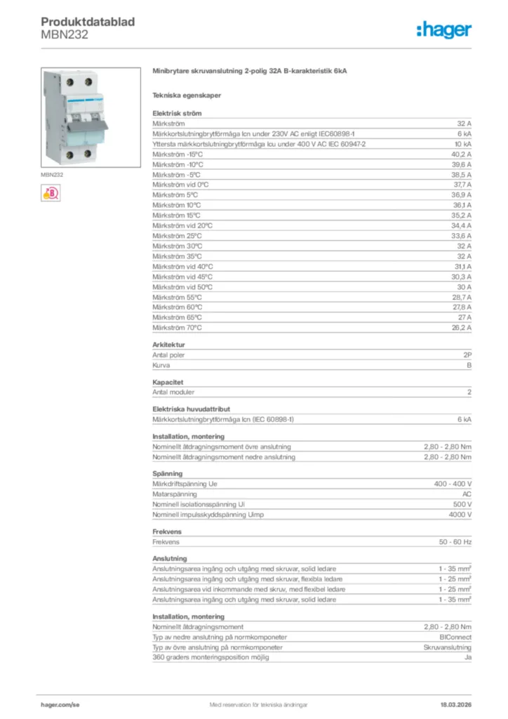 Bild Hager Produktdatablad MBN232 | Hager Sverige