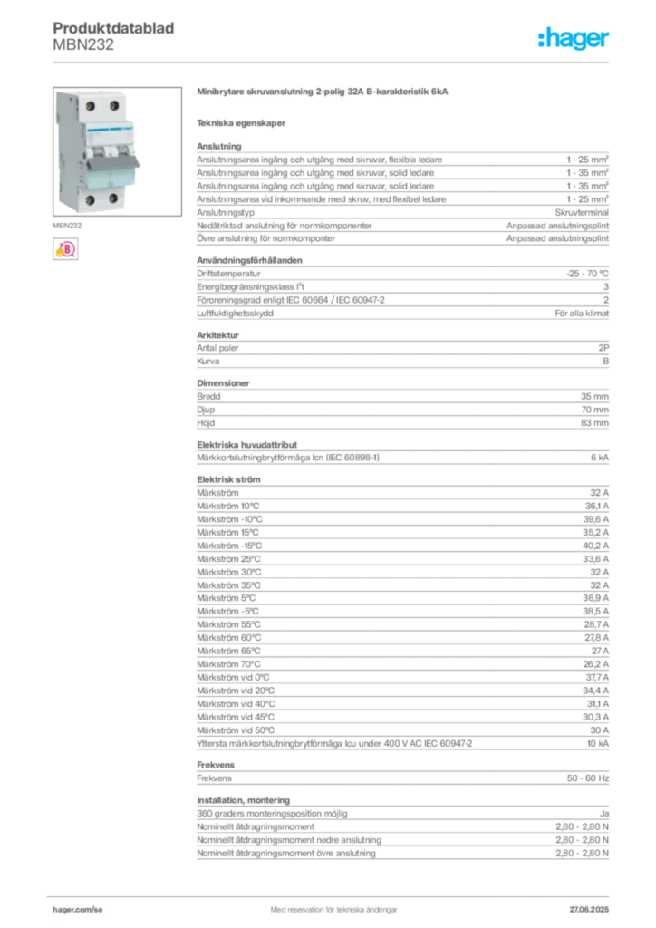 Bild Hager Produktdatablad MBN232 | Hager Sverige