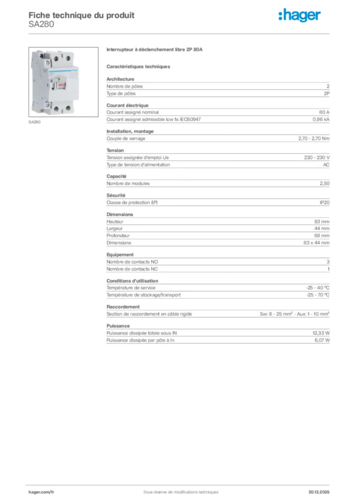 Image Hager Fiche technique du produit SA280 | Hager France