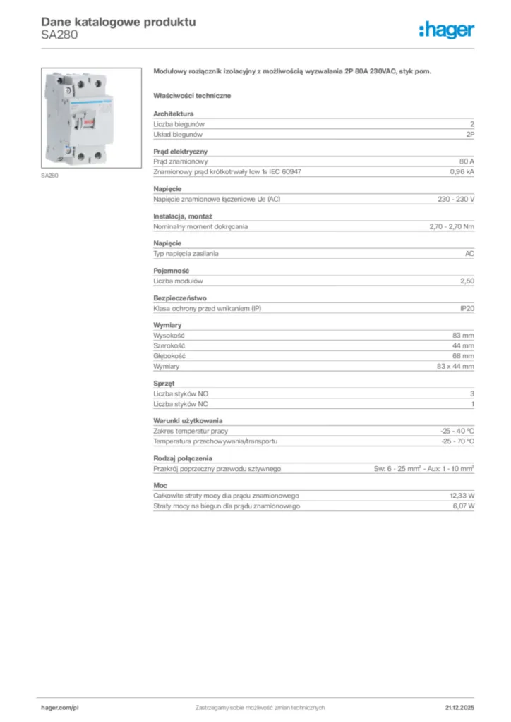 Zdjęcie Hager Dane katalogowe produktu SA280 | Hager Polska