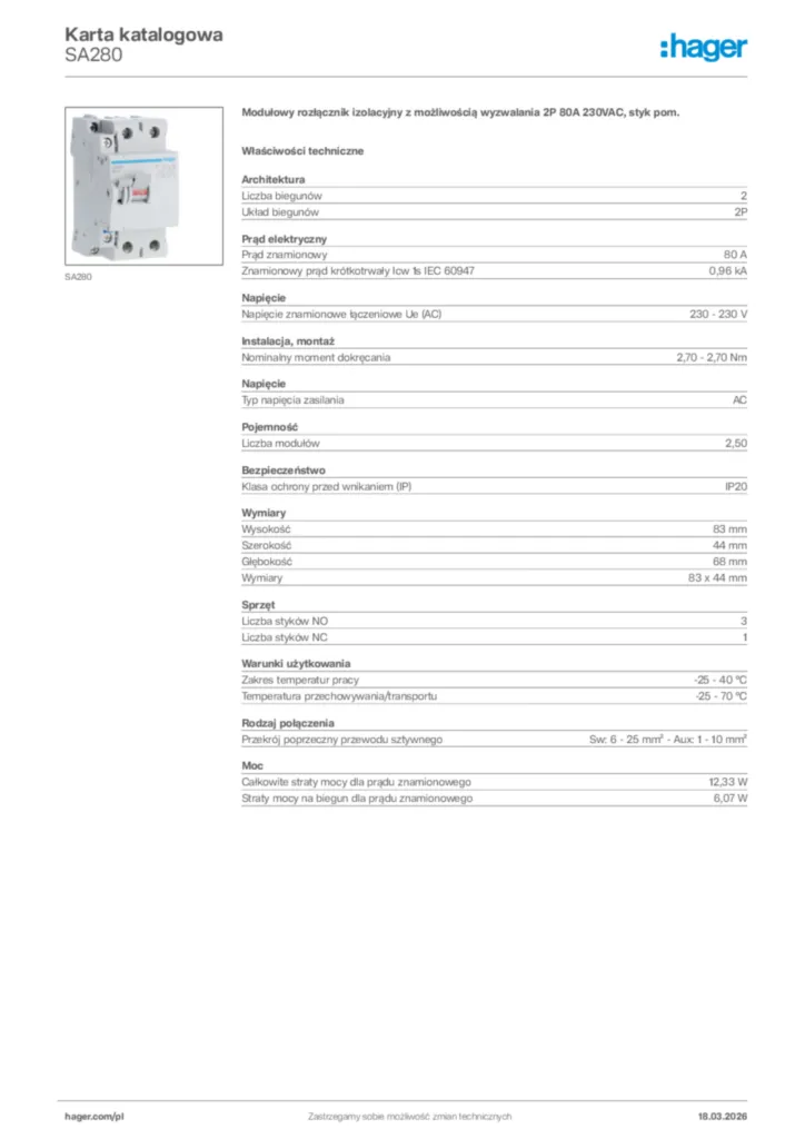 Zdjęcie Hager Karta katalogowa SA280 | Hager Polska