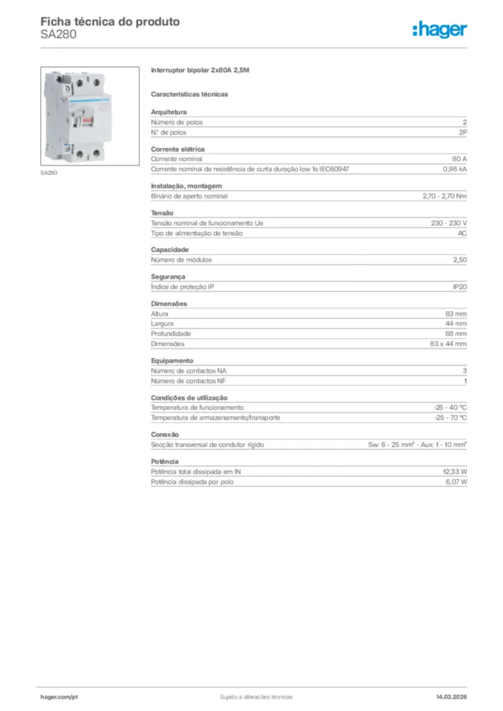 Imagem Hager Ficha técnica do produto SA280 | Hager Portugal