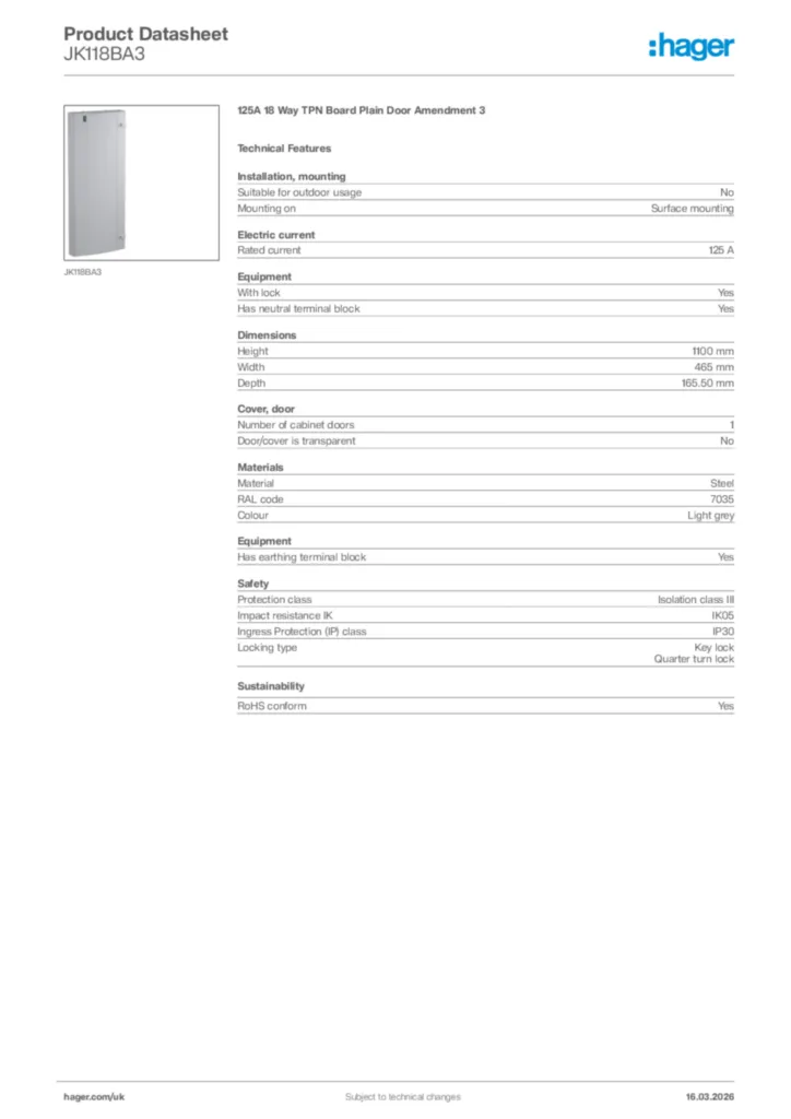 Image Hager Product data sheet JK118BA3  | Hager