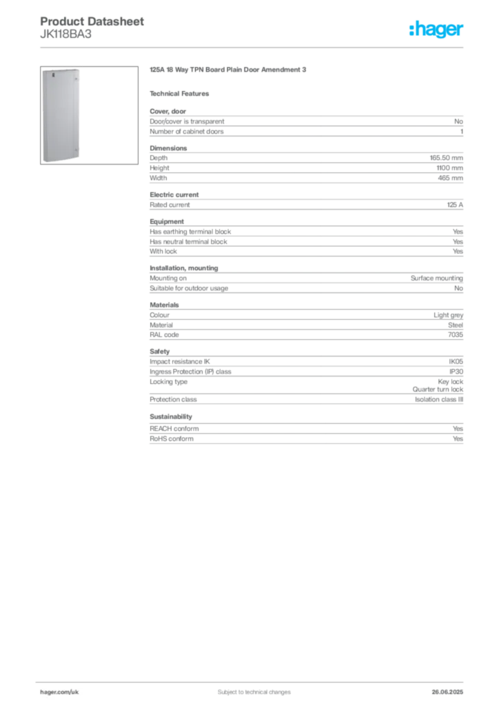 Image Hager Product data sheet JK118BA3  | Hager