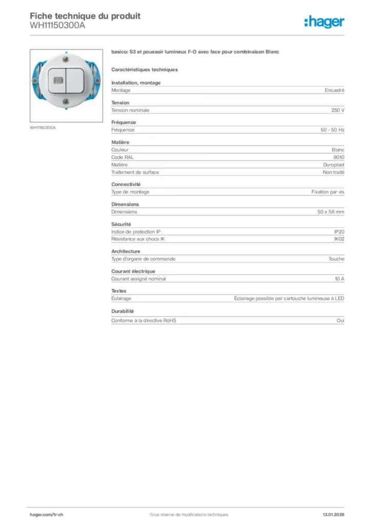 Image Hager Fiche technique du produit WH11150300A | Hager Suisse