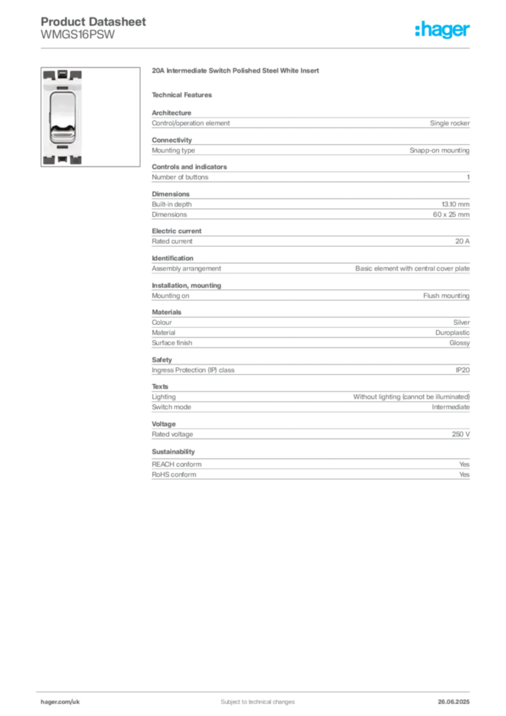 Image Hager Product data sheet WMGS16PSW  | Hager
