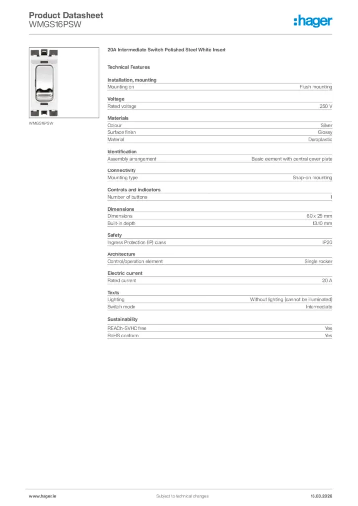 Image Hager Product data sheet WMGS16PSW  | Hager
