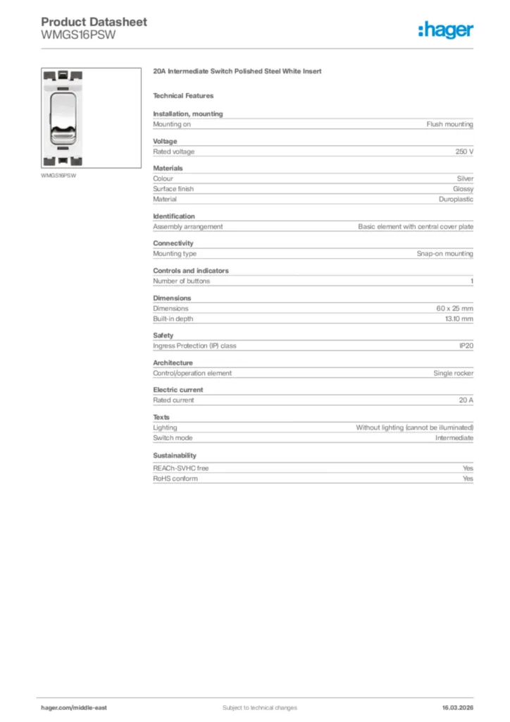 Image Hager Product data sheet WMGS16PSW  | Hager