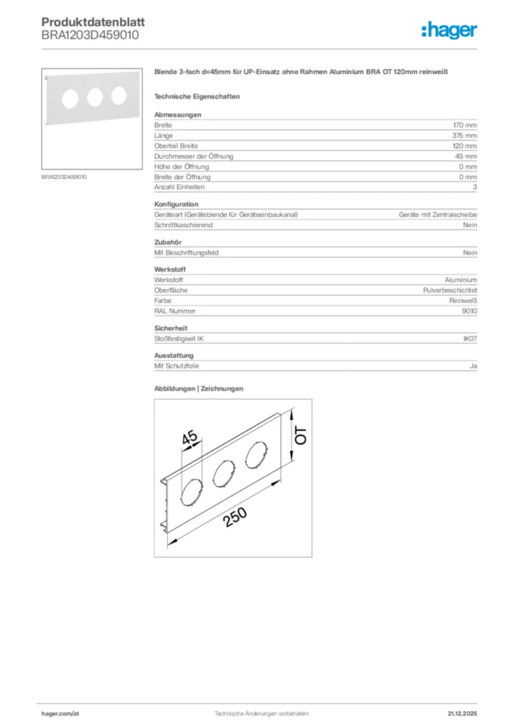 Bild Hager Produktdatenblatt BRA1203D459010 | Hager Deutschland