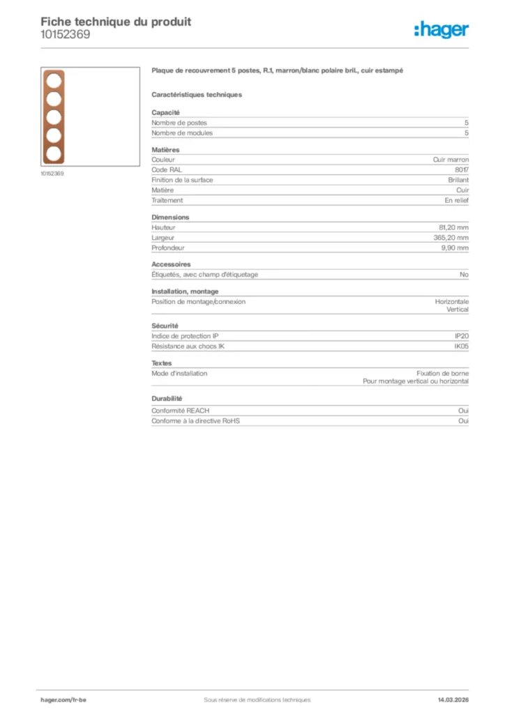 Image Hager Fiche technique du produit 10152369 | Hager Belgique