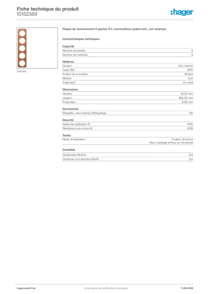 Image Hager Fiche technique du produit 10152369 | Hager Belgique