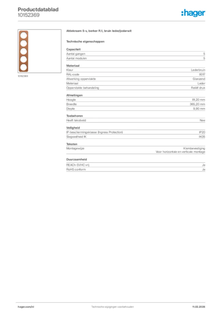 Afbeelding Hager Productdatablad 10152369 | Hager Nederland