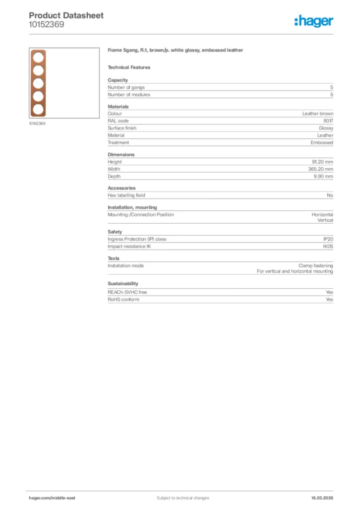 Image Hager Product data sheet 10152369  | Hager