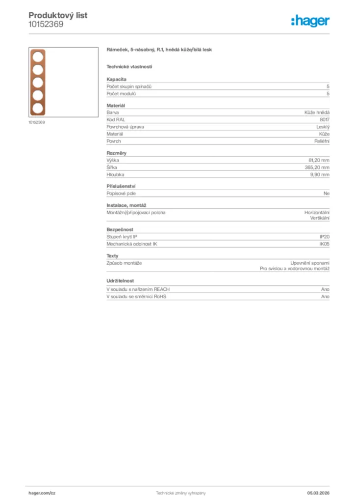 Obrázek Hager Product data sheet 10152369 | Hager
