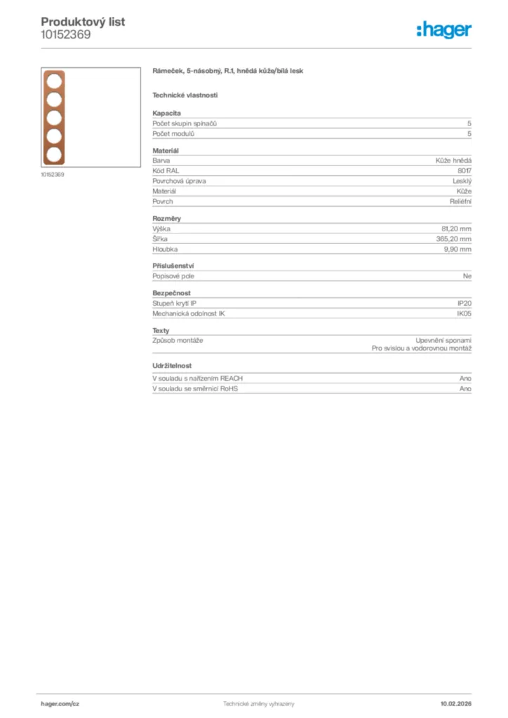 Obrázek Hager Product data sheet 10152369 | Hager