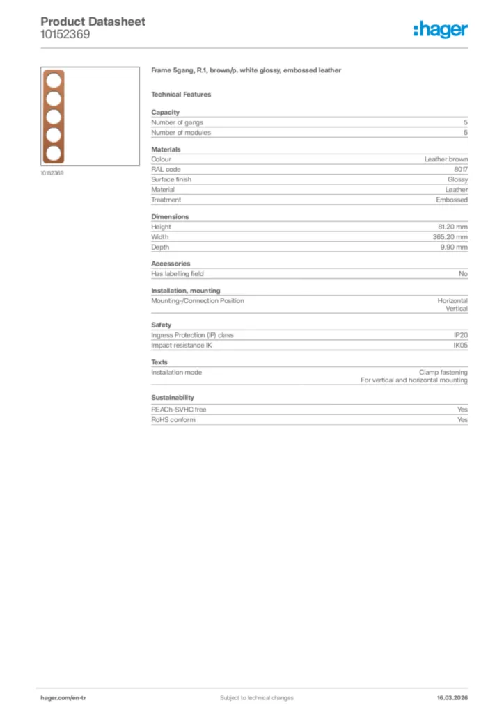 Image Hager Product data sheet 10152369  | Hager
