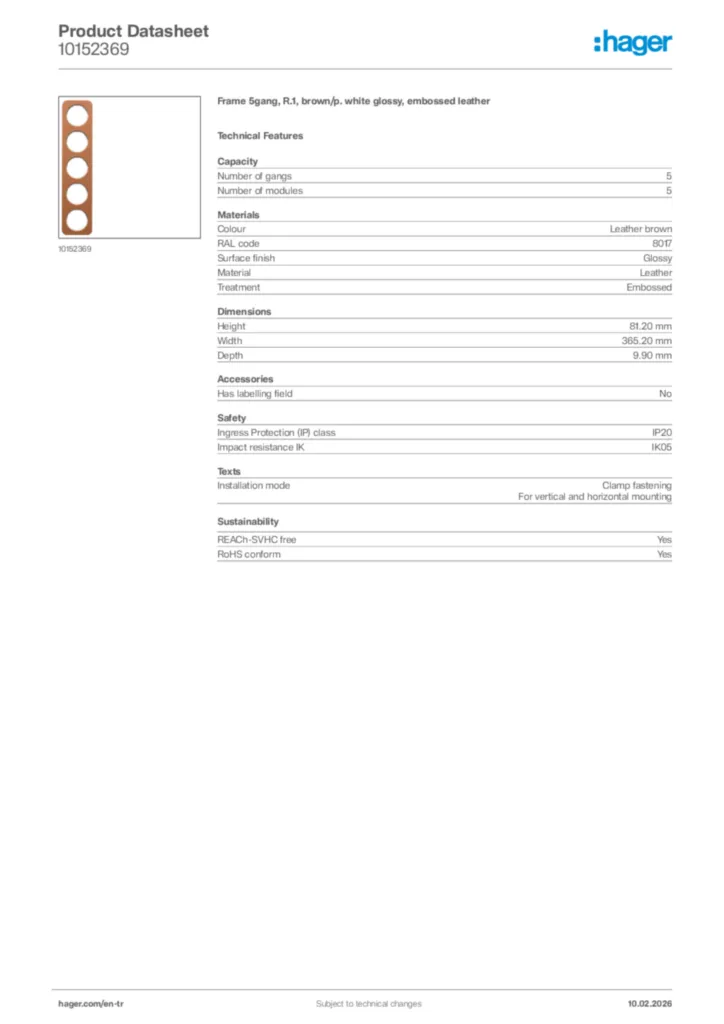 Image Hager Product data sheet 10152369  | Hager