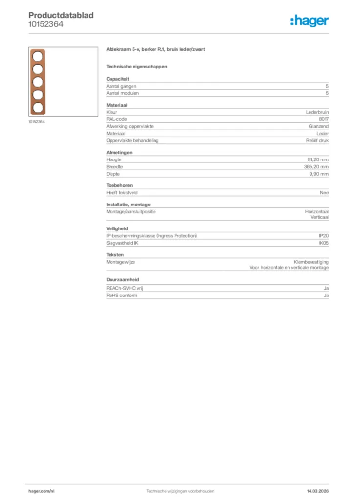 Afbeelding Hager Productdatablad 10152364 | Hager Nederland