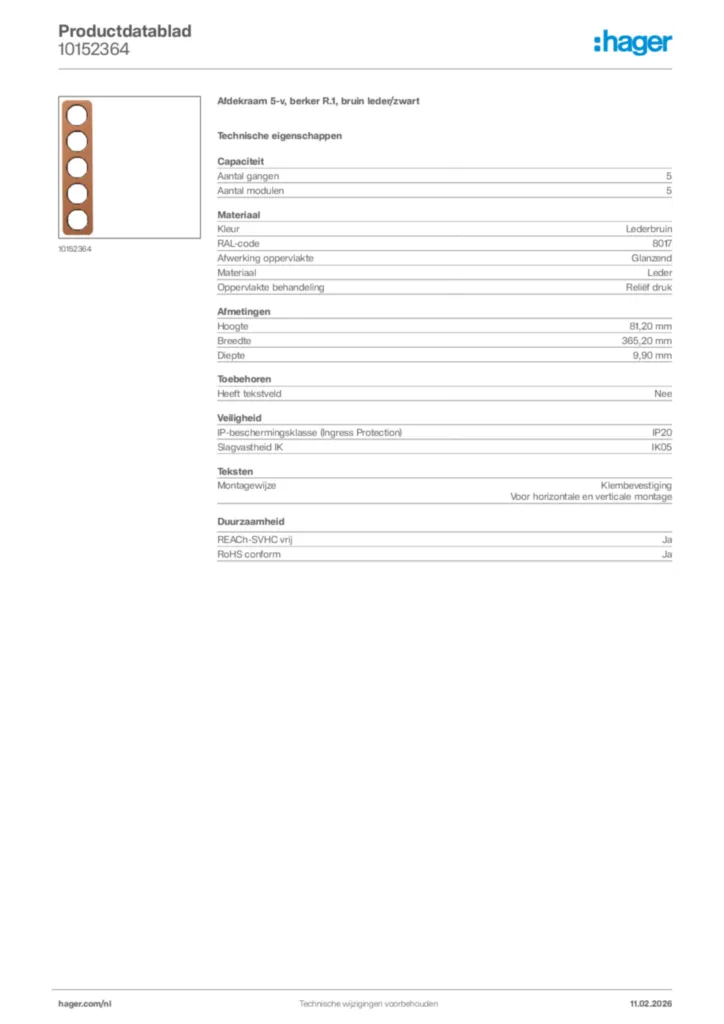 Afbeelding Hager Productdatablad 10152364 | Hager Nederland