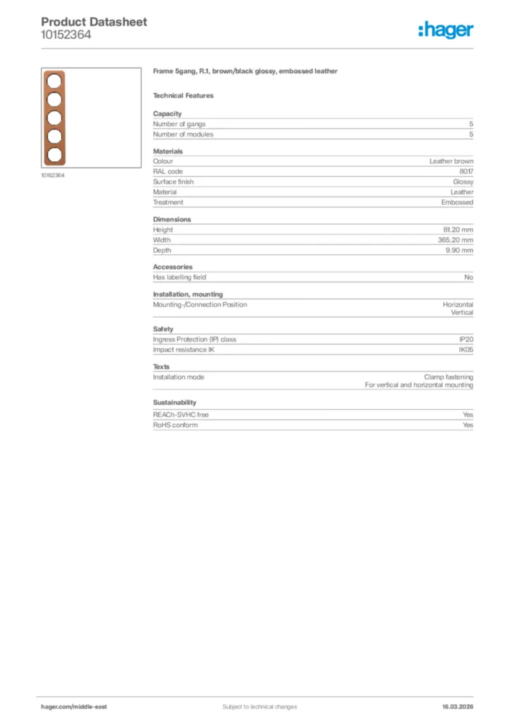Image Hager Product data sheet 10152364  | Hager