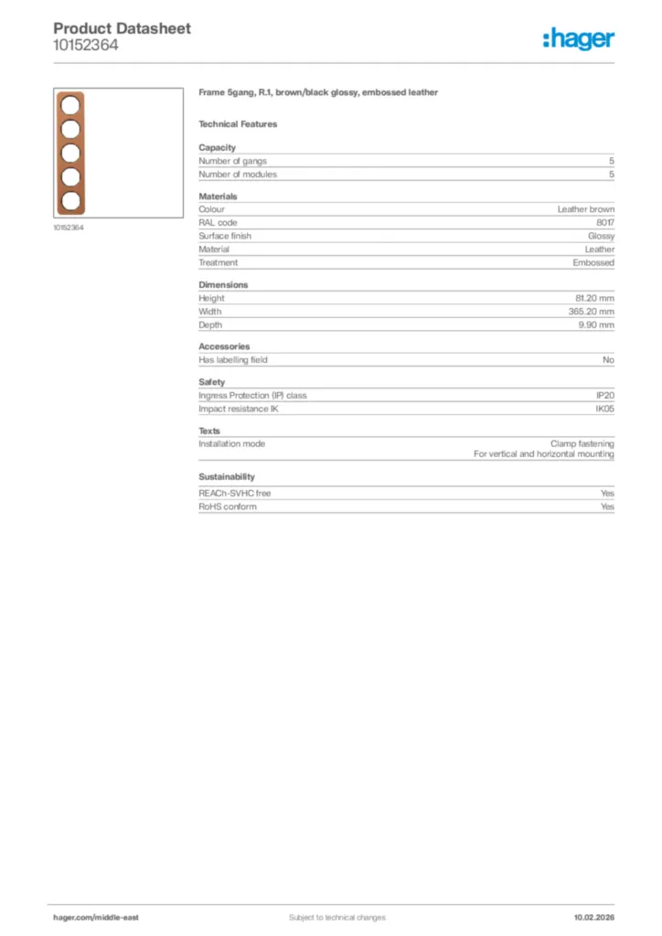 Image Hager Product data sheet 10152364  | Hager