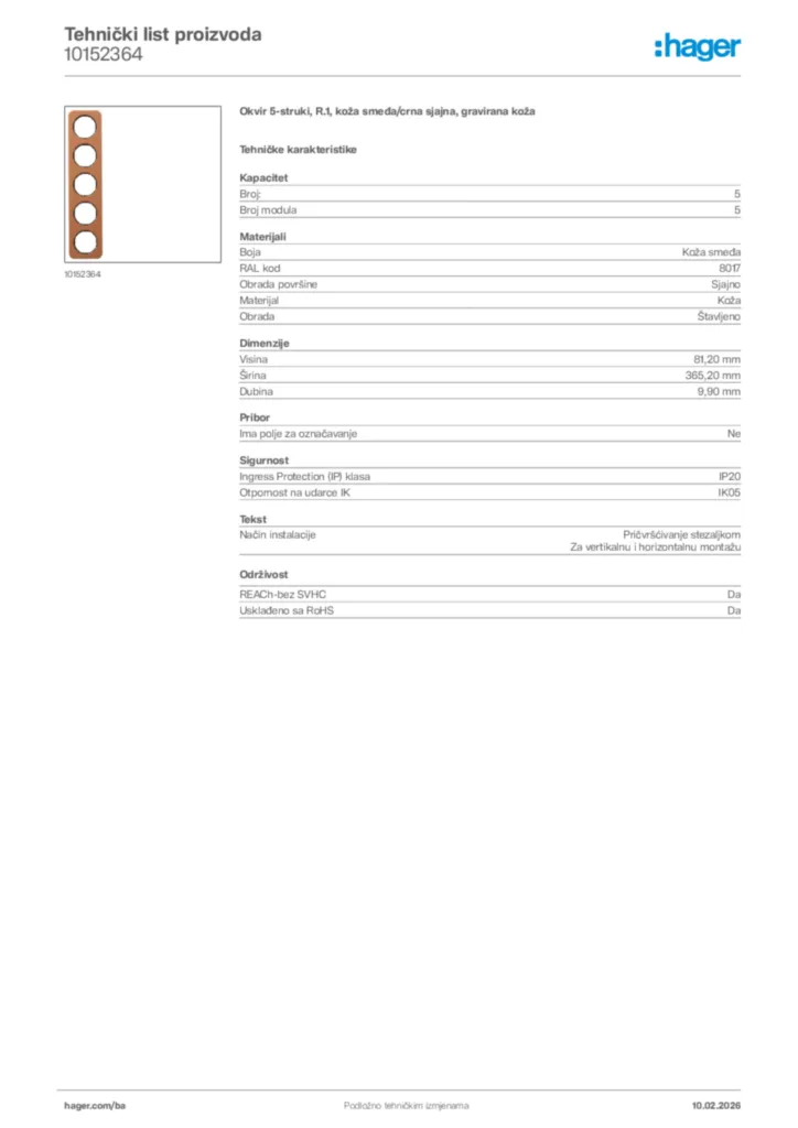 Slika Hager Tehnički list proizvoda 10152364  | Hager