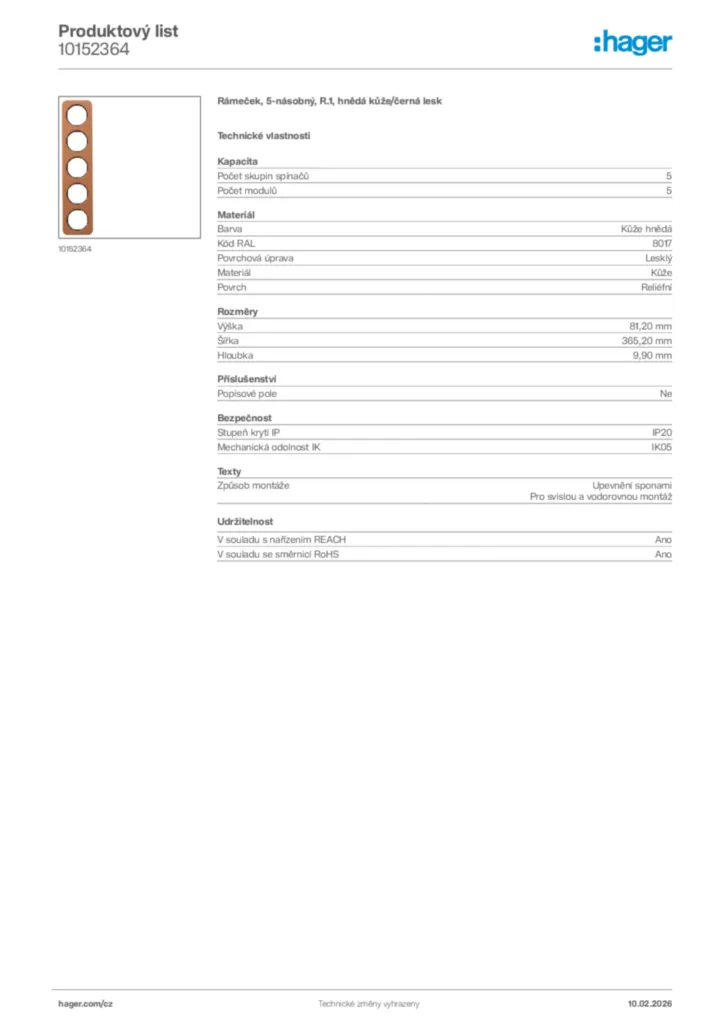 Obrázek Hager Product data sheet 10152364 | Hager