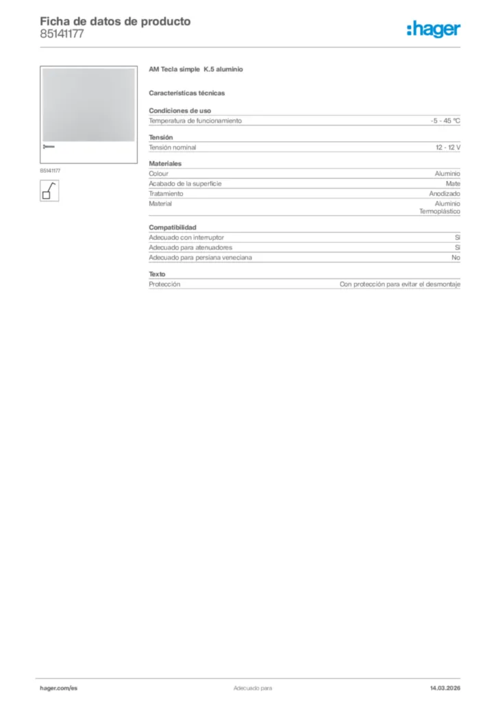 Imagen Hager Ficha de datos de producto 85141177 | Hager España