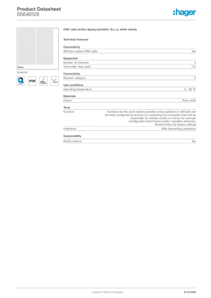 Image Hager Product data sheet 85648129  | Hager Africa