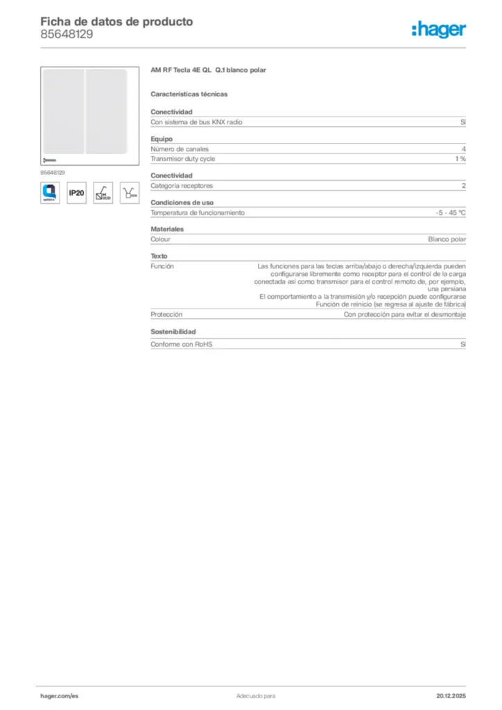 Imagen Hager Ficha de datos de producto 85648129 | Hager España