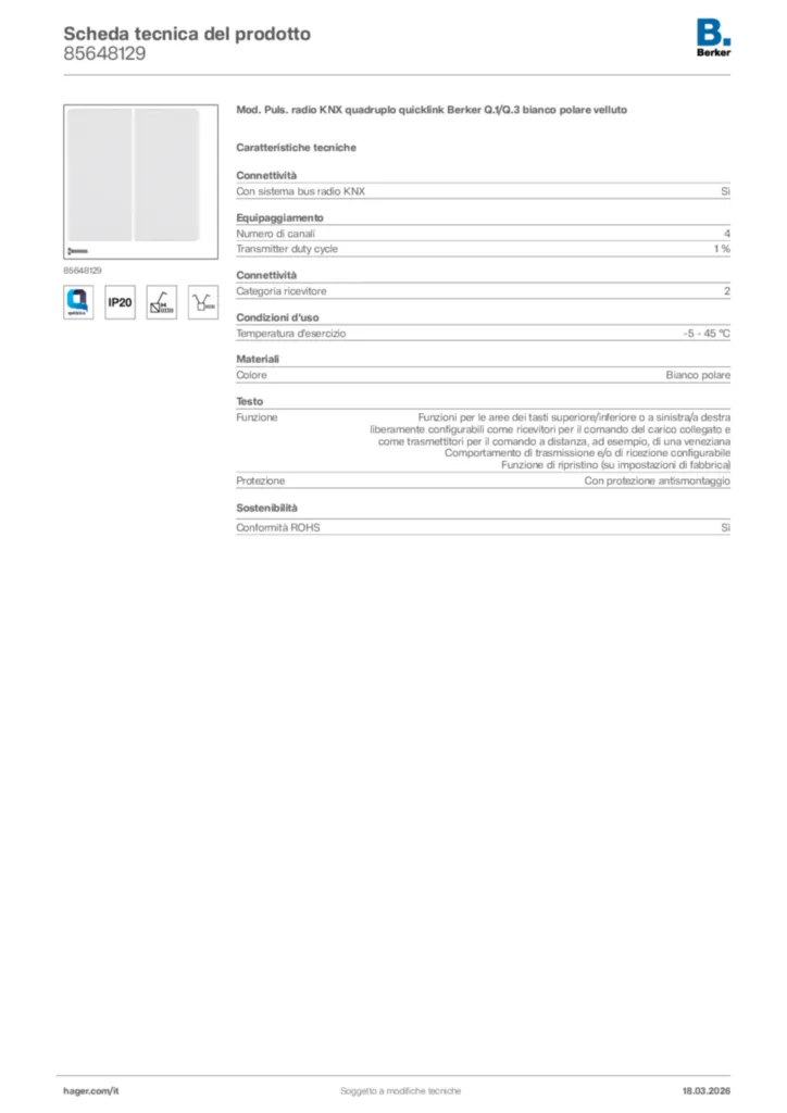 Immagine Berker Scheda tecnica del prodotto 85648129 | Hager Italia