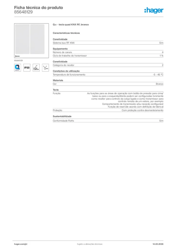 Imagem Hager Ficha técnica do produto 85648129 | Hager Portugal