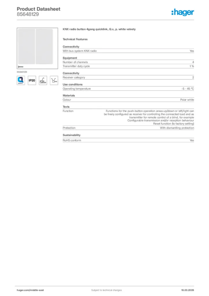 Image Hager Product data sheet 85648129  | Hager