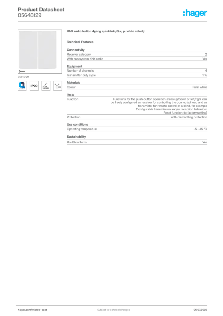 Image Hager Product data sheet 85648129  | Hager