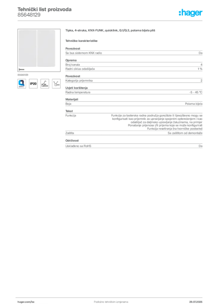 Slika Hager Product data sheet 85648129  | Hager