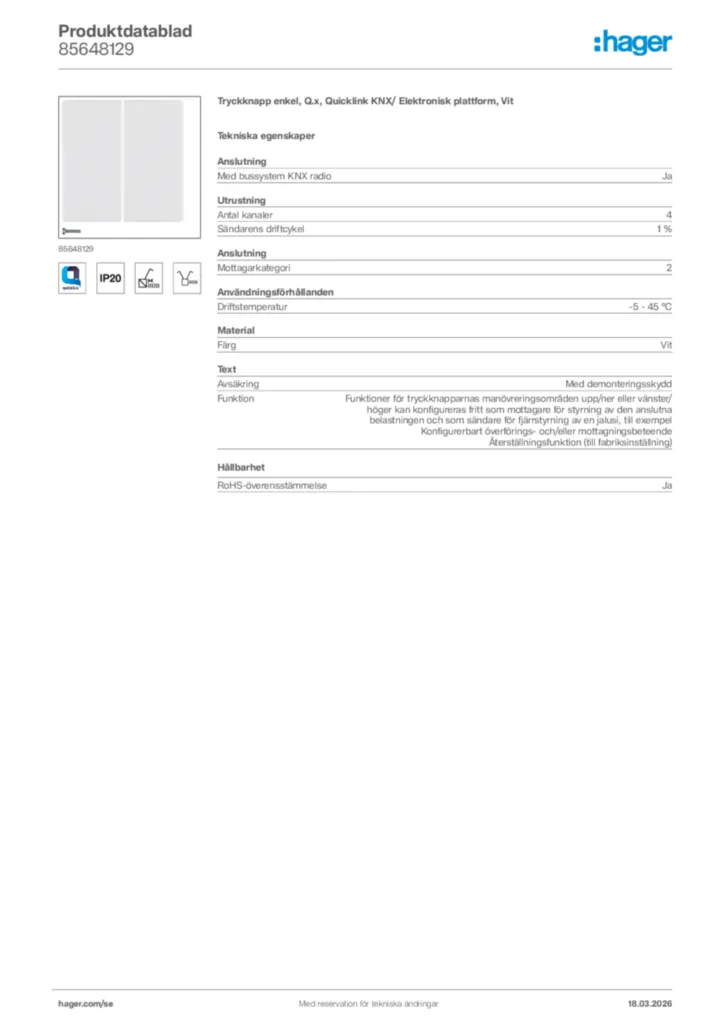 Bild Hager Produktdatablad 85648129 | Hager Sverige