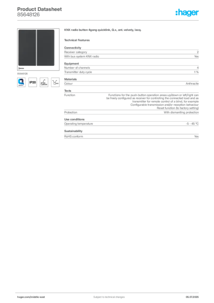 Image Hager Product data sheet 85648126  | Hager