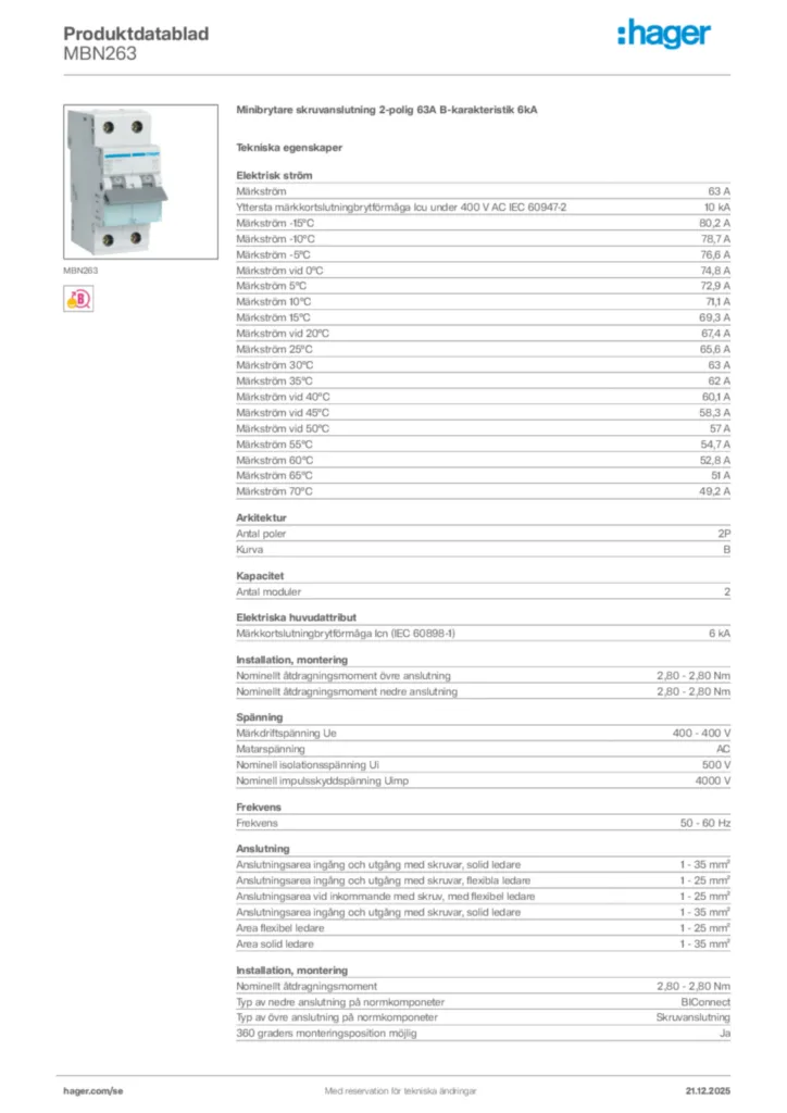 Bild Hager Produktdatablad MBN263 | Hager Sverige