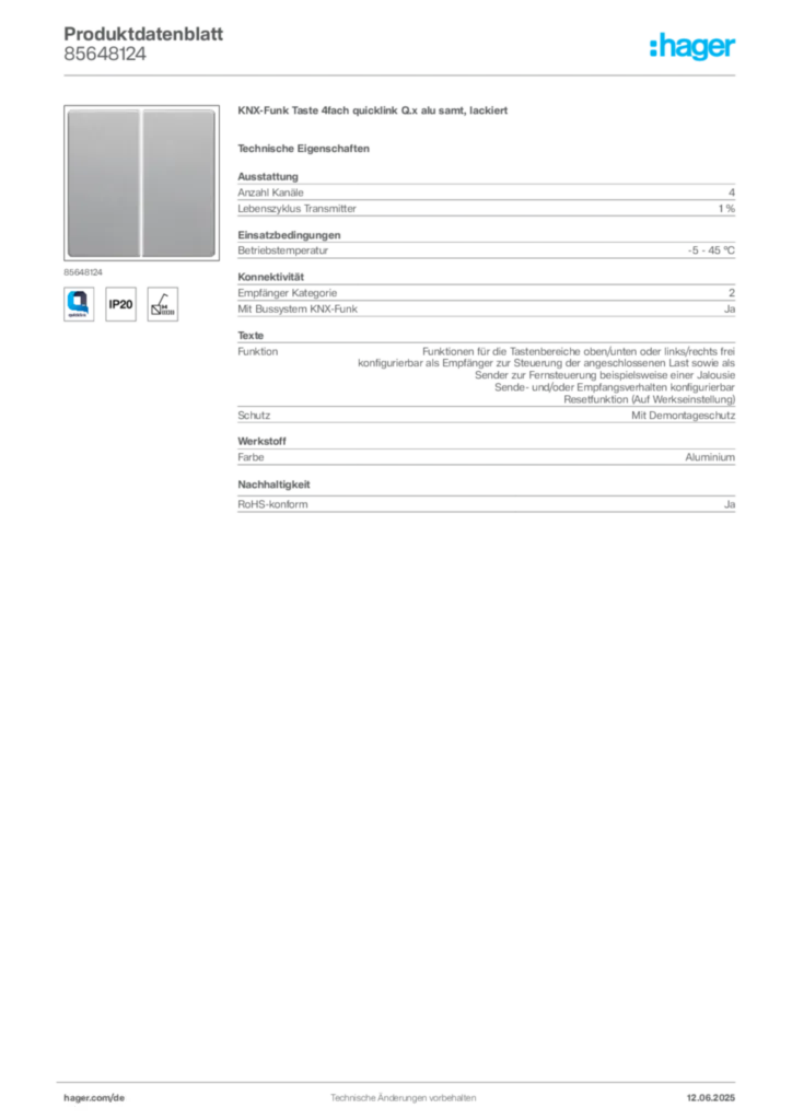 Bild Berker Produktdatenblatt 85648124 | Hager Deutschland