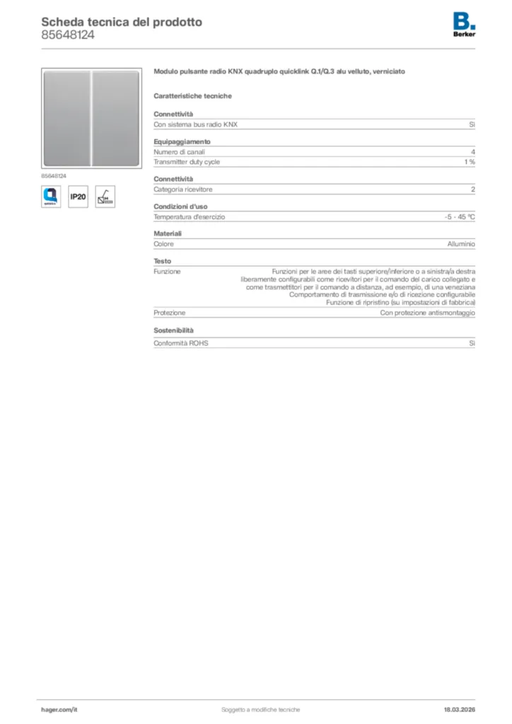 Immagine Berker Scheda tecnica del prodotto 85648124 | Hager Italia