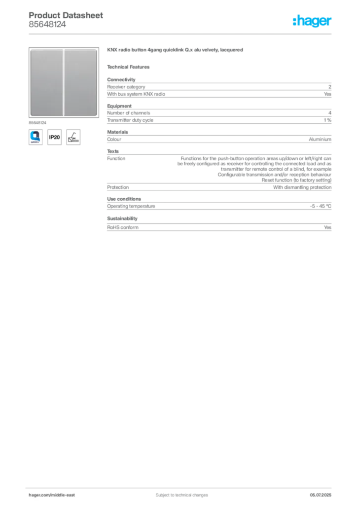 Image Hager Product data sheet 85648124  | Hager