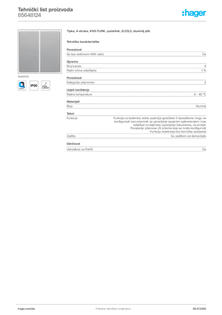 Slika Hager Product data sheet 85648124  | Hager