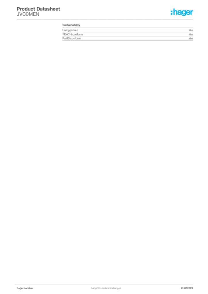 Image Hager Product data sheet JVC0MEN  | Hager Australia