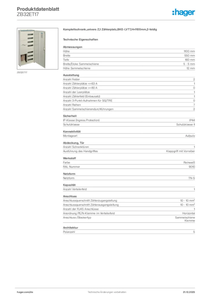 Bild Hager Produktdatenblatt ZB32ET17 | Hager Deutschland