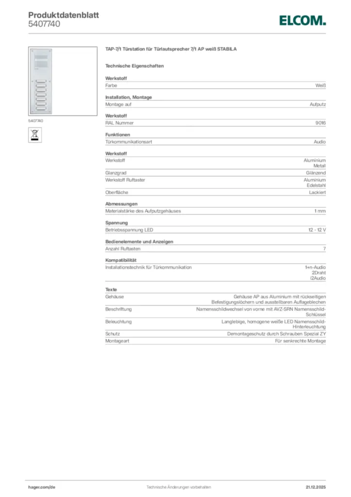 Bild Elcom Produktdatenblatt 5407740 | Hager Deutschland