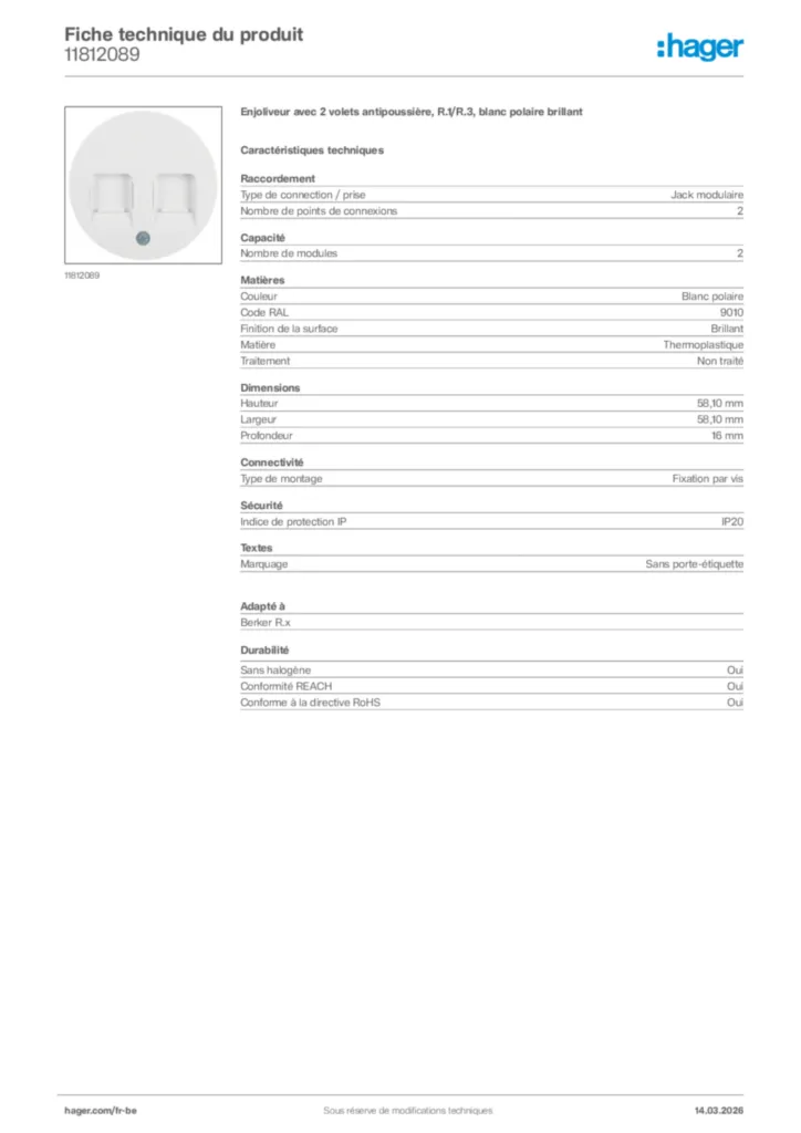 Image Hager Fiche technique du produit 11812089 | Hager Belgique