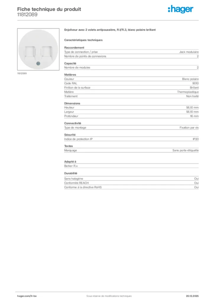 Image Hager Fiche technique du produit 11812089 | Hager Belgique
