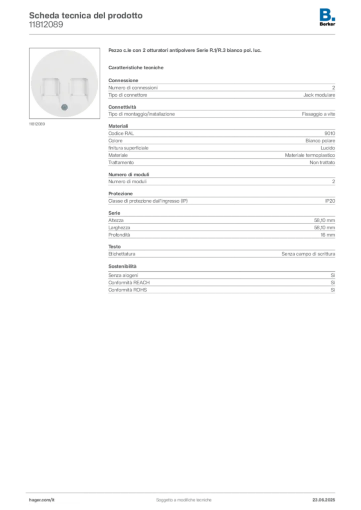 Immagine Berker Scheda tecnica del prodotto 11812089 | Hager Italia