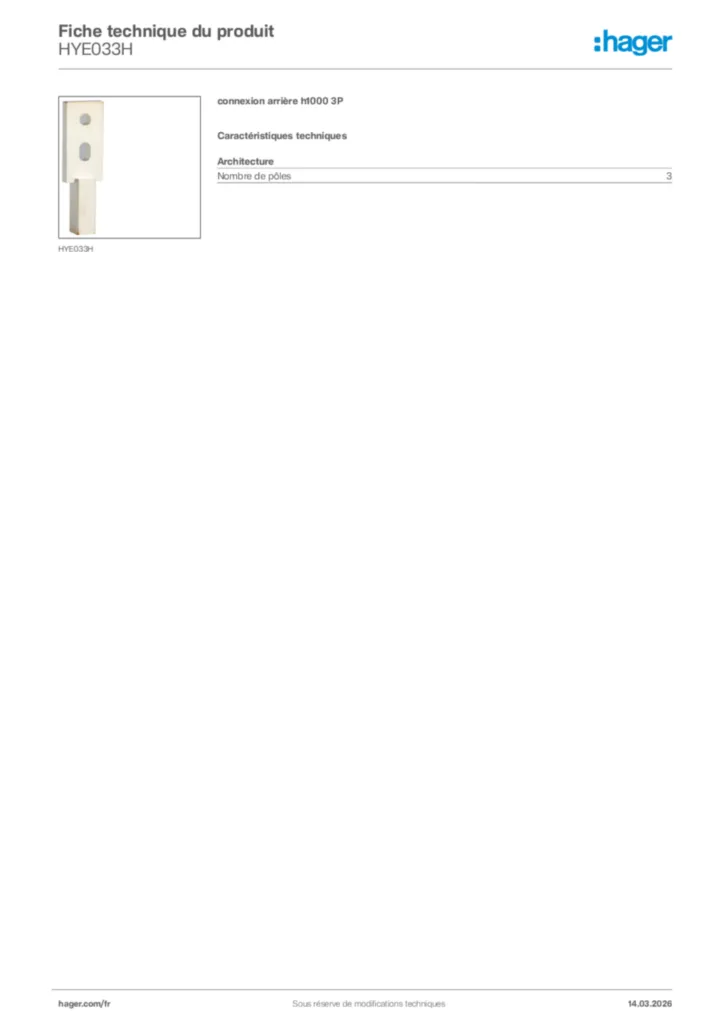 Image Hager Fiche technique du produit HYE033H | Hager France